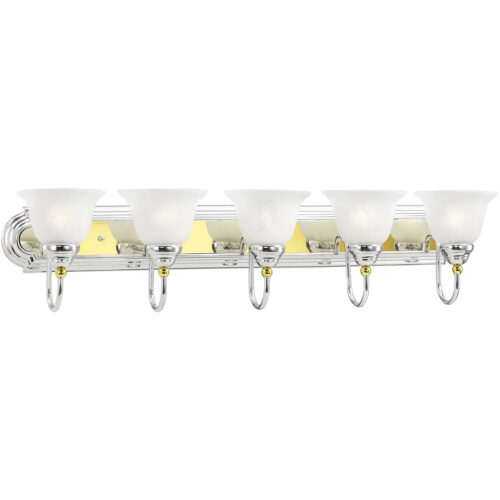 36 inch 5 Light Polished Chrome & Polished Brass Bathroom Vanity light fixture with White Alabaster Glass Shade-Lighting LumensBath/Vanity