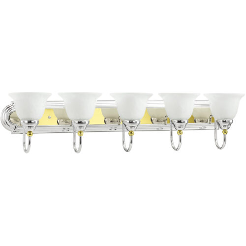 36 inch 5 Light Polished Chrome & Polished Brass Bathroom Vanity light fixture with White Alabaster Glass Shade-Lighting LumensBath/Vanity