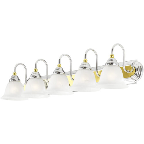 36 inch 5 Light Polished Chrome & Polished Brass Bathroom Vanity light fixture with White Alabaster Glass Shade-Lighting LumensBath/Vanity