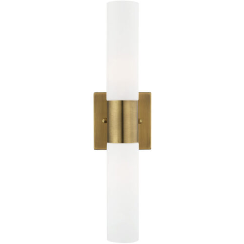 17.75 inch 2 Light Antique Brass ADA Bathroom Vanity light fixture with Hand Blown Satin Opal White Twist Lock Glass Shade-Lighting LumensBath/Vanity