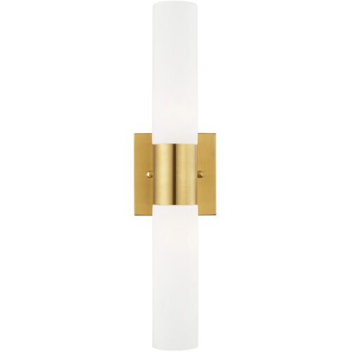 17.75 inch 2 Light Satin Brass ADA Bathroom Vanity light fixture with Hand Blown Satin Opal White Twist Lock Glass Shade-Lighting LumensBath/Vanity