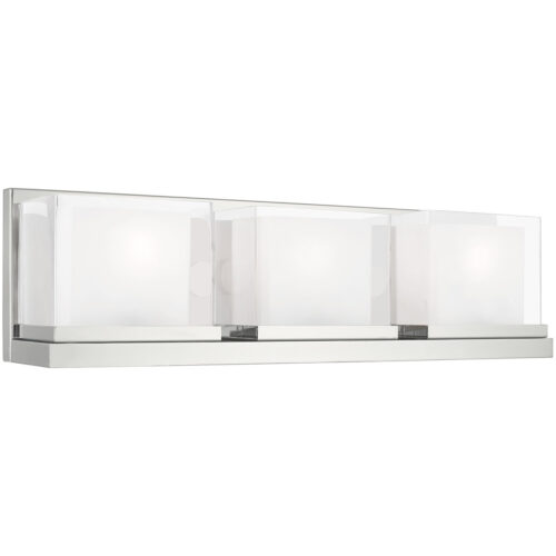 23.75 inch 3 Light Polished Chrome Bathroom Vanity light fixture with Hand Blown Satin Opal White Glass Inside and Clear Glass Outside Shade-Lighting LumensBath/Vanity