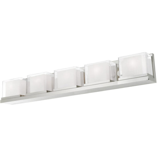 42 inch 5 Light Polished Chrome Bathroom Vanity light fixture with Hand Blown Satin Opal White Glass Inside and Clear Glass Outside Shade-Lighting LumensBath/Vanity