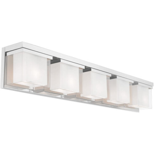 42 inch 5 Light Polished Chrome Bathroom Vanity light fixture with Hand Blown Satin Opal White Glass Inside and Clear Glass Outside Shade-Lighting LumensBath/Vanity