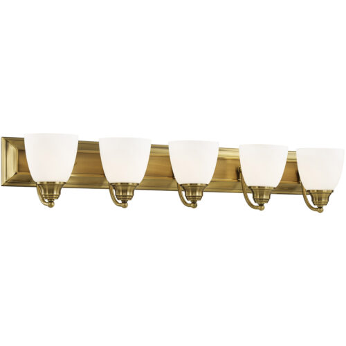 36 inch 5 Light Antique Brass Bathroom Vanity light fixture with Hand Blown Satin Opal White Glass Shade-Lighting LumensBath/Vanity