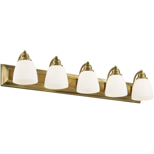 36 inch 5 Light Antique Brass Bathroom Vanity light fixture with Hand Blown Satin Opal White Glass Shade-Lighting LumensBath/Vanity