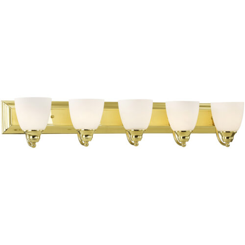 36 inch 5 Light Polished Brass Bathroom Vanity light fixture with Hand Blown Satin Opal White Glass Shade-Lighting LumensBath/Vanity