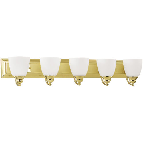 36 inch 5 Light Polished Brass Bathroom Vanity light fixture with Hand Blown Satin Opal White Glass Shade-Lighting LumensBath/Vanity