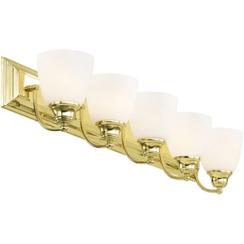 36 inch 5 Light Polished Brass Bathroom Vanity light fixture with Hand Blown Satin Opal White Glass Shade-Lighting LumensBath/Vanity