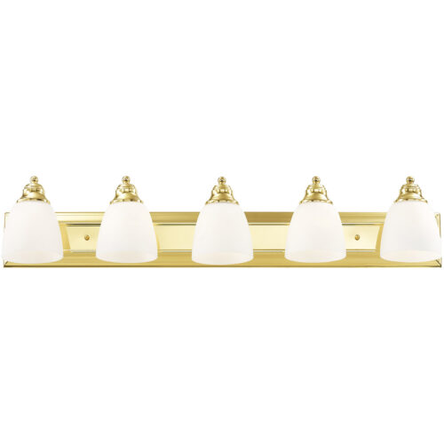 36 inch 5 Light Polished Brass Bathroom Vanity light fixture with Hand Blown Satin Opal White Glass Shade-Lighting LumensBath/Vanity