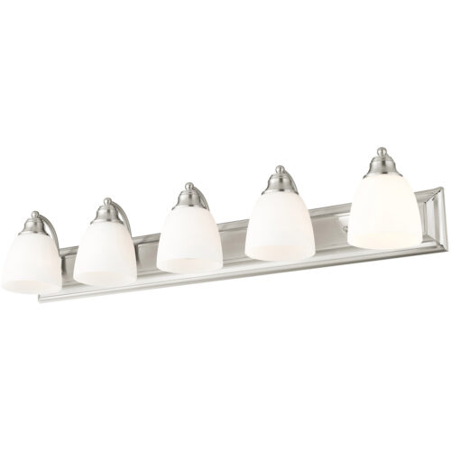 36 inch 5 Light Brushed Nickel Bathroom Vanity light fixture with Hand Blown Satin Opal White Glass Shade-Lighting LumensBath/Vanity