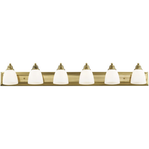 48 inch 6 Light Antique Brass Bathroom Vanity light fixture with Hand Blown Satin Opal White Glass Shade-Lighting LumensBath/Vanity