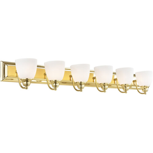 48 inch 6 Light Polished Brass Bathroom Vanity light fixture with Hand Blown Satin Opal White Glass Shade-Lighting LumensBath/Vanity