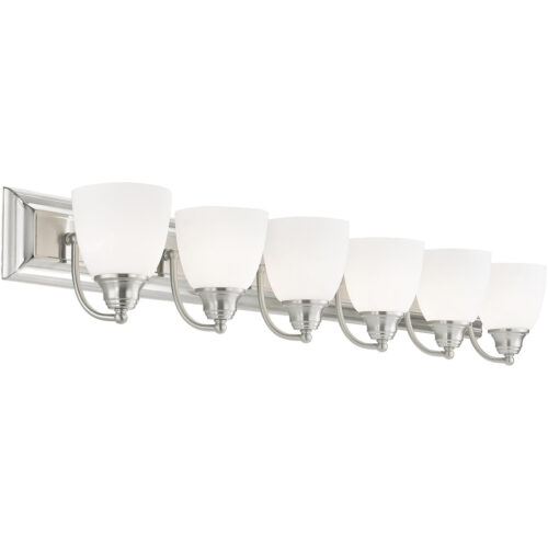 48 inch 6 Light Brushed Nickel Bathroom Vanity light fixture with Hand Blown Satin Opal White Glass Shade-Lighting LumensBath/Vanity