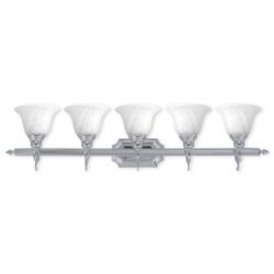 40.5 inch 5 Light Polished Chrome Bathroom Vanity light fixture with White Alabaster Glass Shade-Lighting LumensBath/Vanity