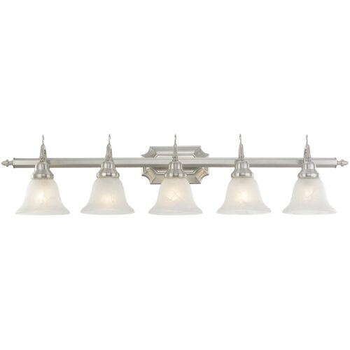 40.5 inch 5 Light Brushed Nickel Bathroom Vanity light fixture with White Alabaster Glass Shade-Lighting LumensBath/Vanity