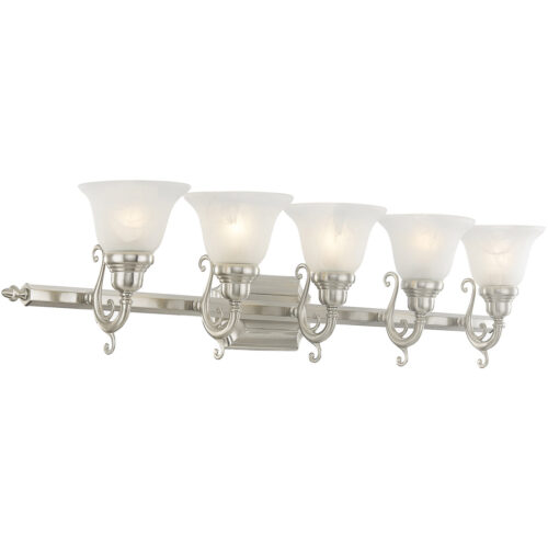 40.5 inch 5 Light Brushed Nickel Bathroom Vanity light fixture with White Alabaster Glass Shade-Lighting LumensBath/Vanity