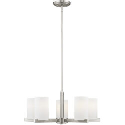 5 Light Brushed Nickel Chandelier with Hand Blown Satin Opal White Glass Shade-Lighting LumensChandeliers