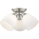 3 Light Brushed Nickel Ceiling Light fixture with Hand Blown Satin Opal White Glass Shade-Lighting LumensFlush Mount Ceiling Lights