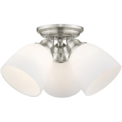 3 Light Brushed Nickel Ceiling Light fixture with Hand Blown Satin Opal White Glass Shade-Lighting LumensFlush Mount Ceiling Lights