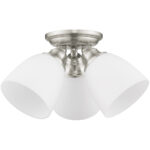 3 Light Brushed Nickel Ceiling Light fixture with Hand Blown Satin Opal White Glass Shade-Lighting LumensFlush Mount Ceiling Lights