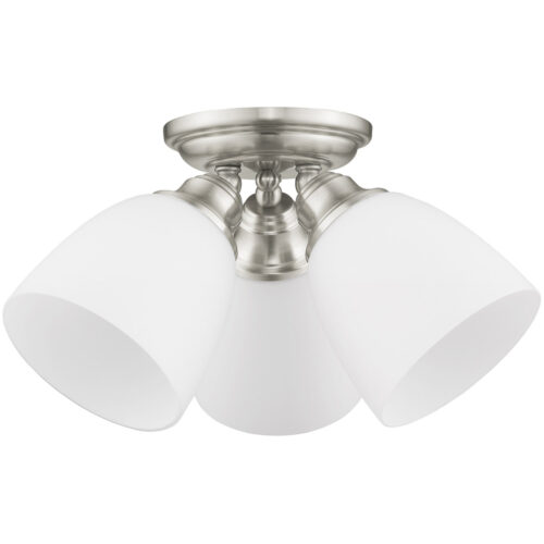 3 Light Brushed Nickel Ceiling Light fixture with Hand Blown Satin Opal White Glass Shade-Lighting LumensFlush Mount Ceiling Lights