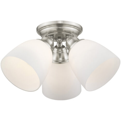 3 Light Brushed Nickel Ceiling Light fixture with Hand Blown Satin Opal White Glass Shade-Lighting LumensFlush Mount Ceiling Lights