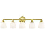 34 inch 5 Light Polished Brass Bathroom Vanity light fixture with Hand Blown Satin Opal White Glass Shade-Lighting LumensBath/Vanity