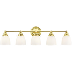 34 inch 5 Light Polished Brass Bathroom Vanity light fixture with Hand Blown Satin Opal White Glass Shade-Lighting LumensBath/Vanity