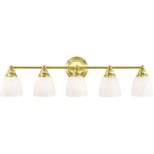 34 inch 5 Light Polished Brass Bathroom Vanity light fixture with Hand Blown Satin Opal White Glass Shade-Lighting LumensBath/Vanity