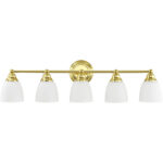 34 inch 5 Light Polished Brass Bathroom Vanity light fixture with Hand Blown Satin Opal White Glass Shade-Lighting LumensBath/Vanity