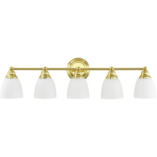 34 inch 5 Light Polished Brass Bathroom Vanity light fixture with Hand Blown Satin Opal White Glass Shade-Lighting LumensBath/Vanity