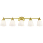 34 inch 5 Light Polished Brass Bathroom Vanity light fixture with Hand Blown Satin Opal White Glass Shade-Lighting LumensBath/Vanity