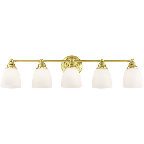 34 inch 5 Light Polished Brass Bathroom Vanity light fixture with Hand Blown Satin Opal White Glass Shade-Lighting LumensBath/Vanity