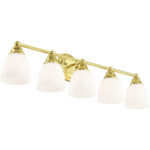 34 inch 5 Light Polished Brass Bathroom Vanity light fixture with Hand Blown Satin Opal White Glass Shade-Lighting LumensBath/Vanity