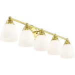 34 inch 5 Light Polished Brass Bathroom Vanity light fixture with Hand Blown Satin Opal White Glass Shade-Lighting LumensBath/Vanity