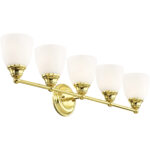 34 inch 5 Light Polished Brass Bathroom Vanity light fixture with Hand Blown Satin Opal White Glass Shade-Lighting LumensBath/Vanity