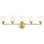 34 inch 5 Light Polished Brass Bathroom Vanity light fixture with Hand Blown Satin Opal White Glass Shade-Lighting LumensBath/Vanity