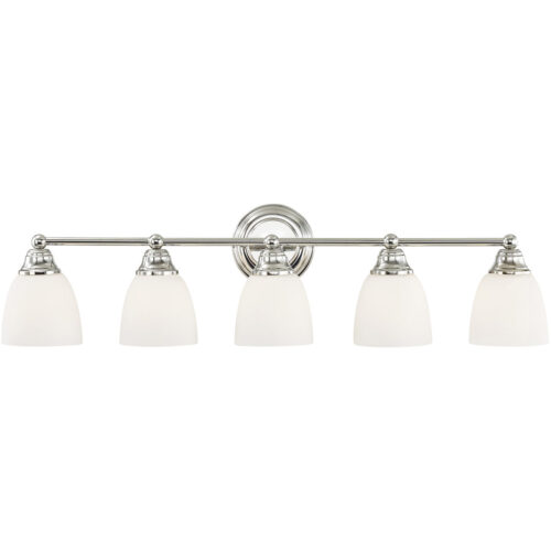 34 inch 5 Light Polished Chrome Bathroom Vanity light fixture with Hand Blown Satin Opal White Glass Shade-Lighting LumensBath/Vanity