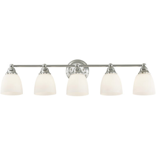 34 inch 5 Light Polished Chrome Bathroom Vanity light fixture with Hand Blown Satin Opal White Glass Shade-Lighting LumensBath/Vanity