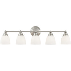 34 inch 5 Light Brushed Nickel Bathroom Vanity light fixture with Hand Blown Satin Opal White Glass Shade-Lighting LumensBath/Vanity