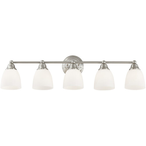 34 inch 5 Light Brushed Nickel Bathroom Vanity light fixture with Hand Blown Satin Opal White Glass Shade-Lighting LumensBath/Vanity