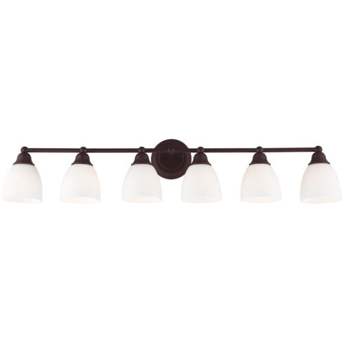 42 inch 6 Light Bronze Bathroom Vanity light fixture with Hand Blown Satin Opal White Glass Shade-Lighting LumensBath/Vanity