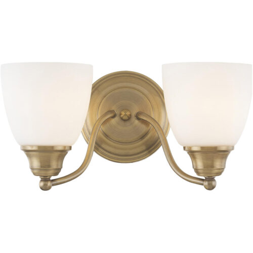 15.25 inch 2 Light Antique Brass Bathroom Vanity light fixture with Hand Blown Satin Opal White Glass Shade-Lighting LumensBath/Vanity