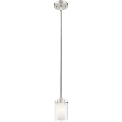 1 Light Brushed Nickel Mini Pendant with Clear Outside Glass & Opal Inside Glass Shade-Lighting LumensPendant Lights