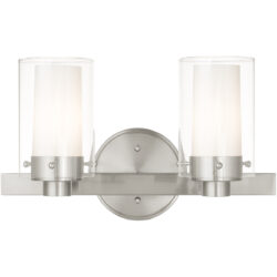 14.5 inch 2 Light Brushed Nickel Bathroom Vanity light fixture with Clear Outside Glass & Opal Inside Glass Shade-Lighting LumensBath/Vanity