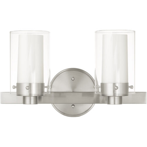 14.5 inch 2 Light Brushed Nickel Bathroom Vanity light fixture with Clear Outside Glass & Opal Inside Glass Shade-Lighting LumensBath/Vanity