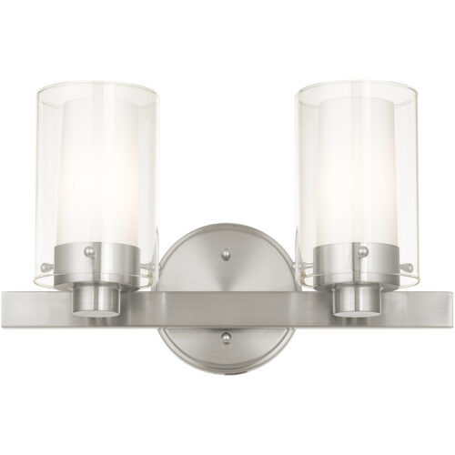 14.5 inch 2 Light Brushed Nickel Bathroom Vanity light fixture with Clear Outside Glass & Opal Inside Glass Shade-Lighting LumensBath/Vanity