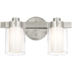 14.5 inch 2 Light Brushed Nickel Bathroom Vanity light fixture with Clear Outside Glass & Opal Inside Glass Shade-Lighting LumensBath/Vanity