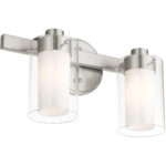 14.5 inch 2 Light Brushed Nickel Bathroom Vanity light fixture with Clear Outside Glass & Opal Inside Glass Shade-Lighting LumensBath/Vanity